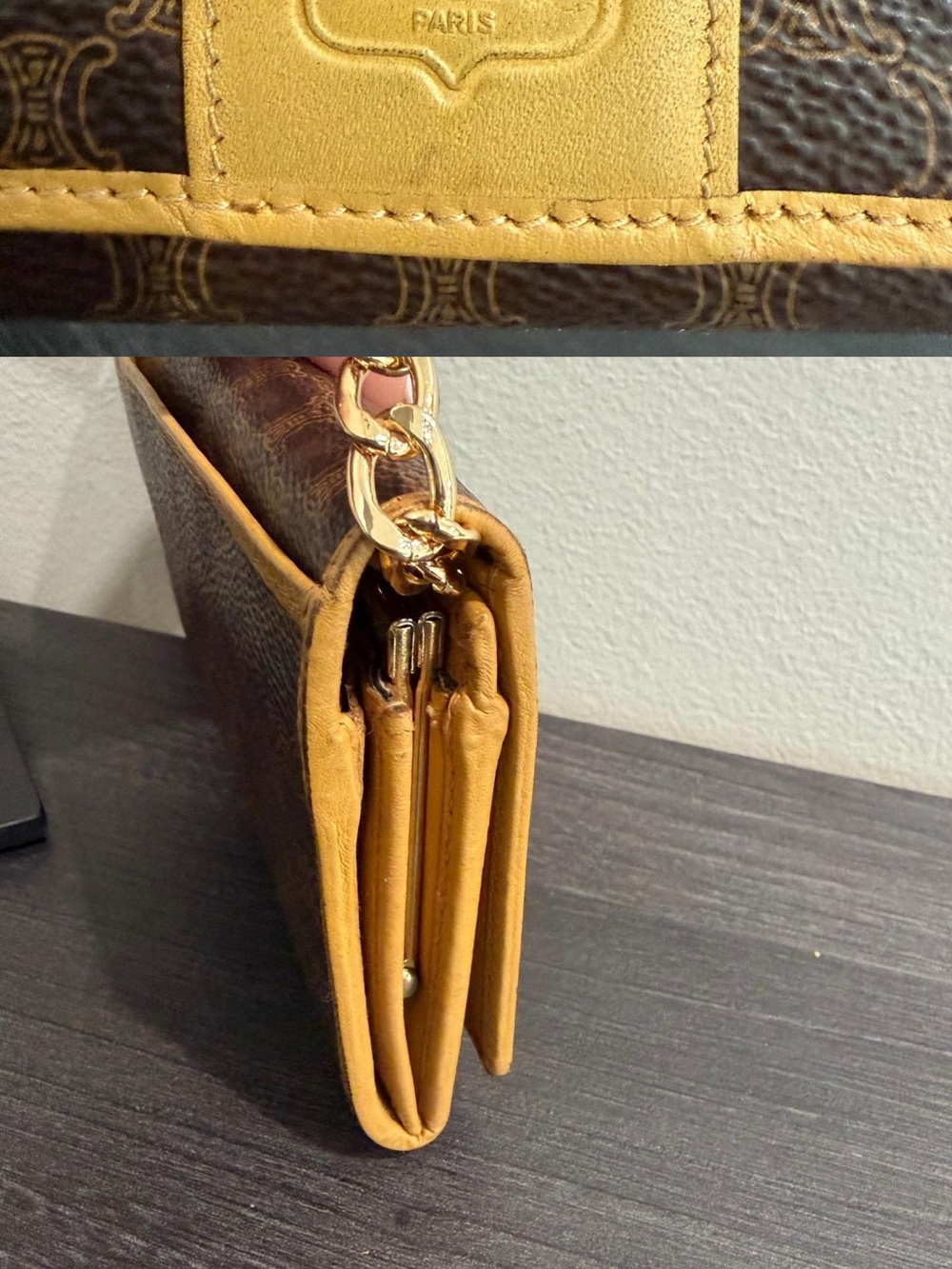 Celine Brown/Gold Triomphe Canvas Wallet with unbranded chain - Picture 2 of 4